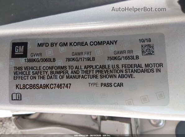 KL8CB6SA9KC746747 2019 CHEVROLET SPARK Silver ძრავის განყოფილების ხედი