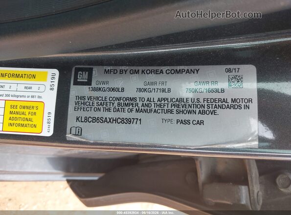 KL8CB6SAXHC839771 2017 CHEVROLET SPARK Gray Widok naklejki z numerem VIN
