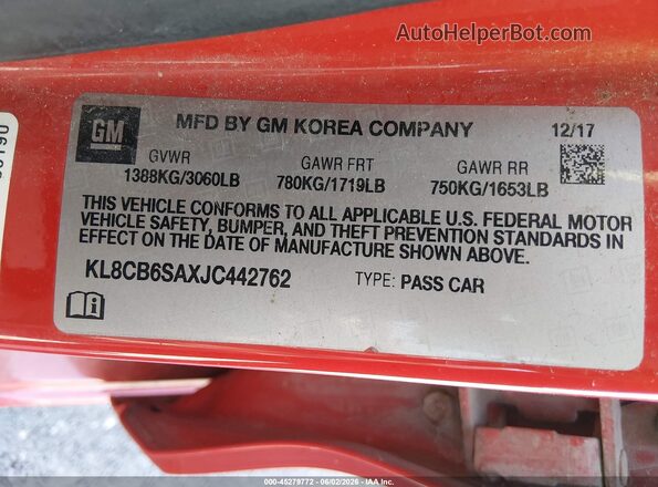 KL8CB6SAXJC442762 2018 CHEVROLET SPARK Red Engine compartment view