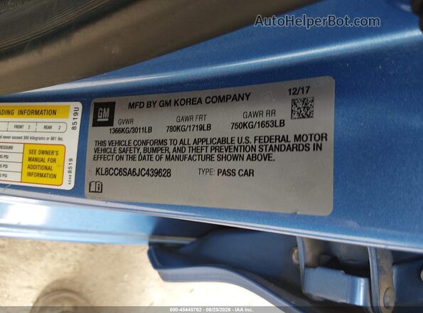 KL8CC6SA6JC439628 2018 CHEVROLET SPARK Blue Vista del compartimento del motor