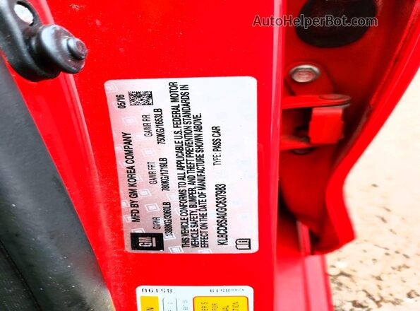 KL8CD6SA0GC637983 2016 CHEVROLET SPARK Red VIN კოდის სტიკერის ხედი