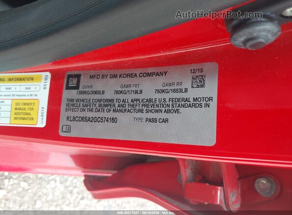 KL8CD6SA2GC574160 2016 CHEVROLET SPARK Red Widok komory silnika