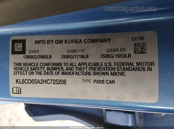 KL8CD6SA2HC725208 2017 CHEVROLET SPARK Синий Вид подкапотного пространства