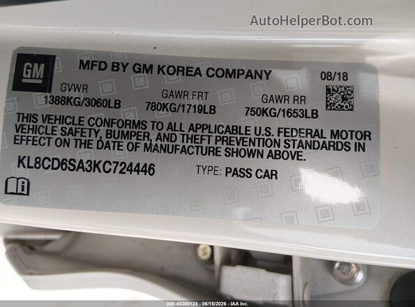 KL8CD6SA3KC724446 2019 CHEVROLET SPARK Кремовый Вид подкапотного пространства