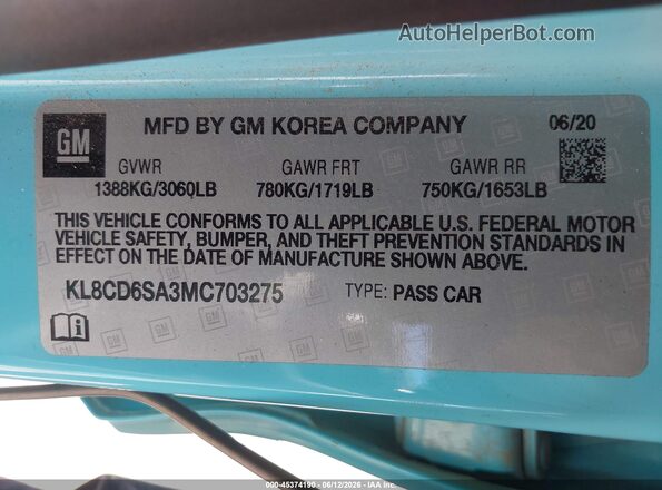 KL8CD6SA3MC703275 2021 CHEVROLET SPARK Light Blue Շարժիչի բաժամունքի տեսք