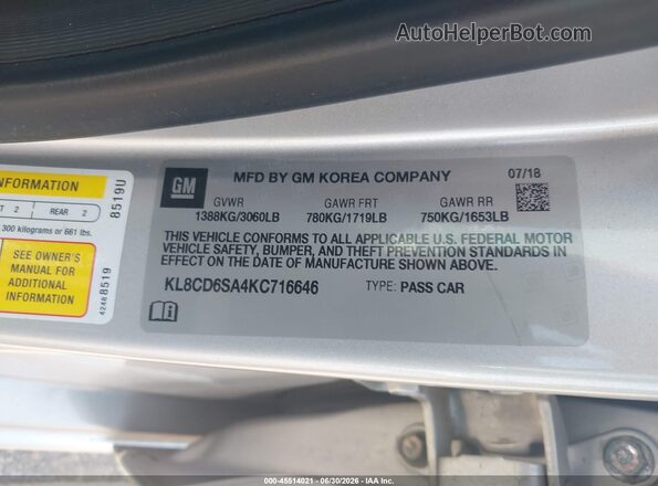 KL8CD6SA4KC716646 2019 CHEVROLET SPARK Silver ძრავის განყოფილების ხედი