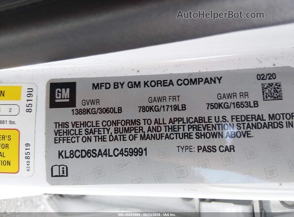 KL8CD6SA4LC459991 2020 CHEVROLET SPARK Белый Вид подкапотного пространства