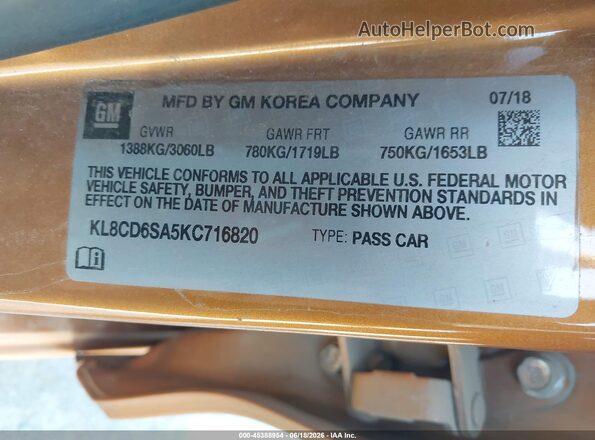 KL8CD6SA5KC716820 2019 CHEVROLET SPARK Orange Вид підкапотного простору