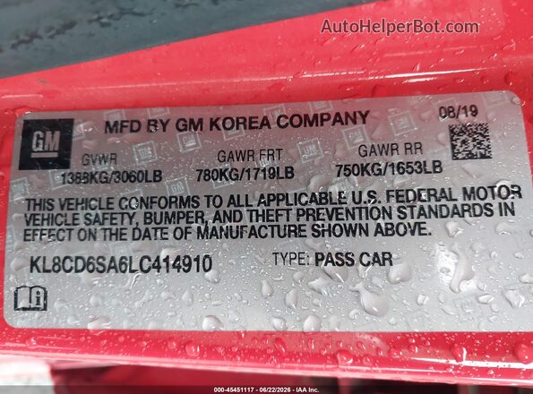 KL8CD6SA6LC414910 2020 CHEVROLET SPARK Красный Вид подкапотного пространства
