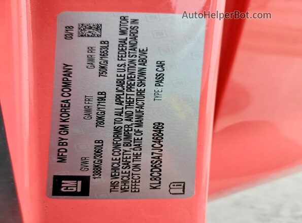 KL8CD6SA7JC468469 2018 CHEVROLET SPARK Розовый Вид наклейки с VIN-кодом