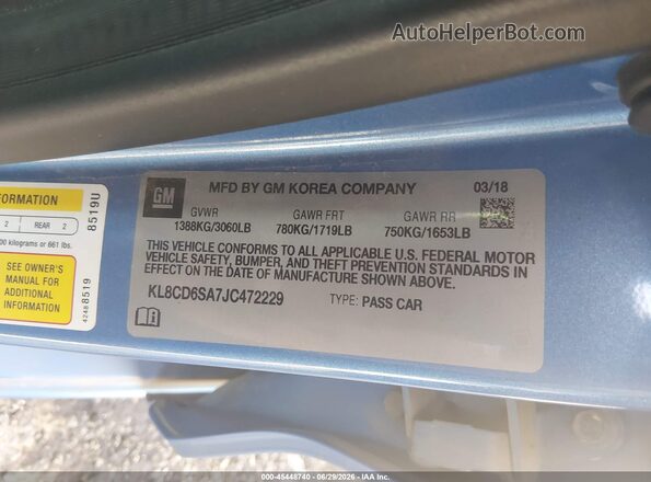 KL8CD6SA7JC472229 2018 CHEVROLET SPARK Blue ძრავის განყოფილების ხედი