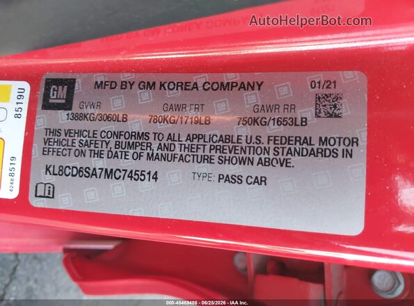 KL8CD6SA7MC745514 2021 CHEVROLET SPARK Красный Вид подкапотного пространства