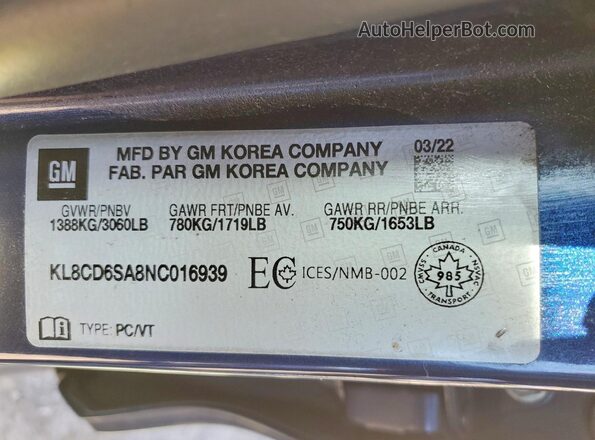 KL8CD6SA8NC016939 2022 CHEVROLET SPARK Blue Вид підкапотного простору