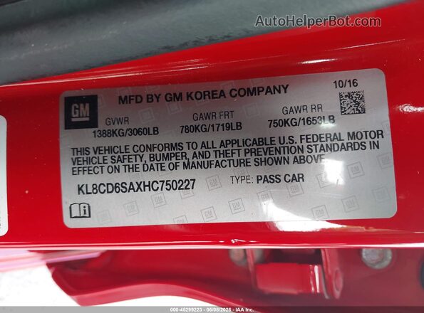 KL8CD6SAXHC750227 2017 CHEVROLET SPARK Red Vista del compartimento del motor