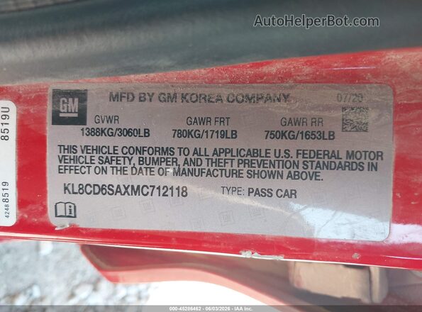 KL8CD6SAXMC712118 2021 CHEVROLET SPARK Red Շարժիչի բաժամունքի տեսք