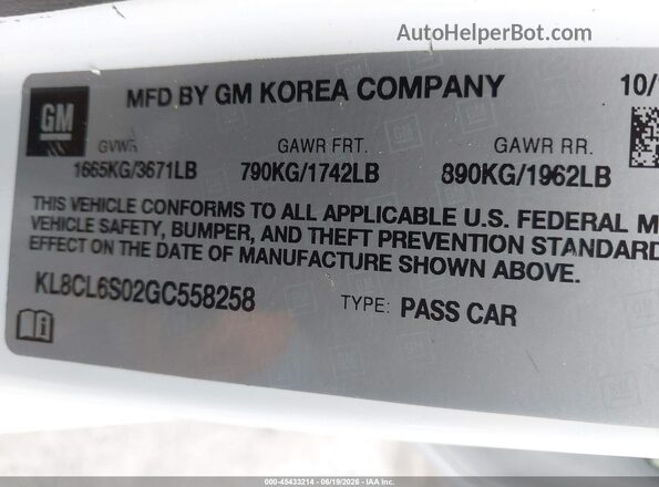 KL8CL6S02GC558258 2016 CHEVROLET SPARK White ძრავის განყოფილების ხედი