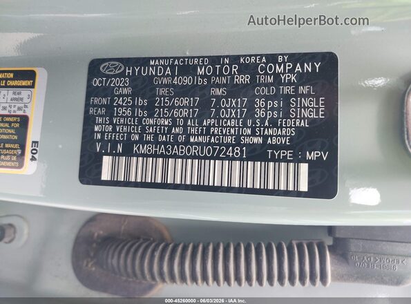 KM8HA3AB0RU072481 2024 HYUNDAI KONA Бирюзовый Вид подкапотного пространства