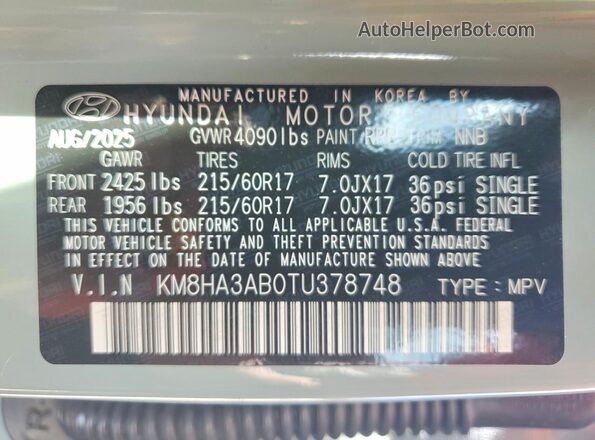 KM8HA3AB0TU378748 2026 HYUNDAI KONA Turquoise Vista de la etiqueta del VIN