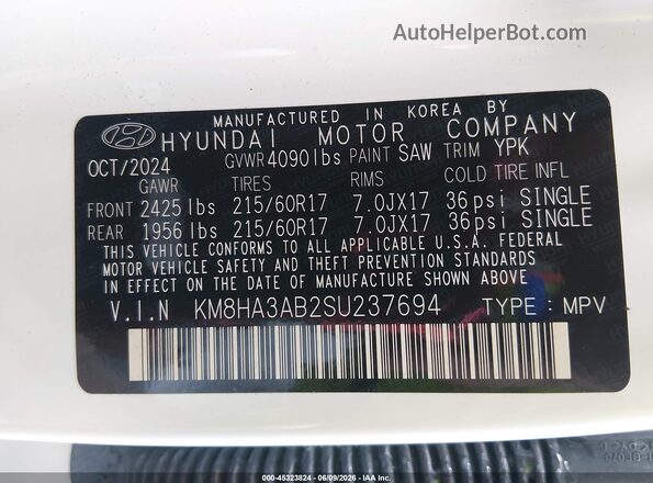 KM8HA3AB2SU237694 2025 HYUNDAI KONA White Vista del compartimento del motor