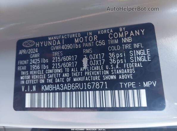 KM8HA3AB6RU167871 2024 HYUNDAI KONA Gray Vista del compartimento del motor