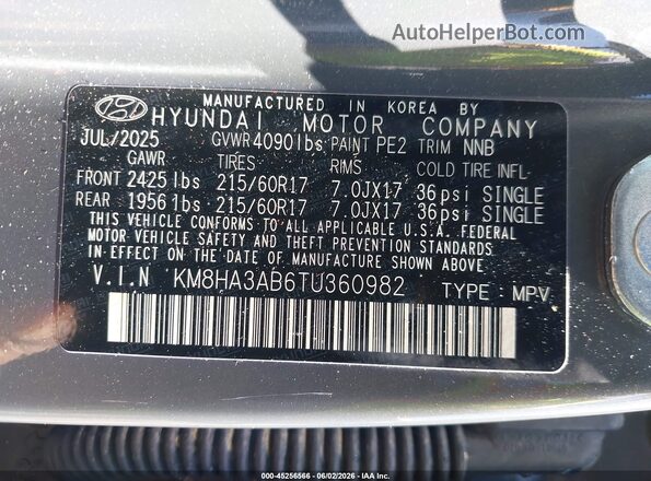 KM8HA3AB6TU360982 2026 HYUNDAI KONA Gray Շարժիչի բաժամունքի տեսք