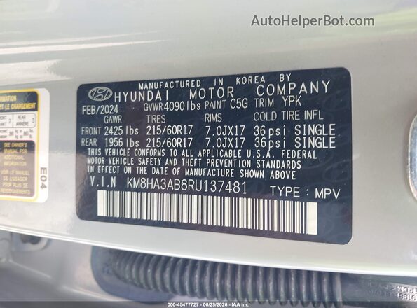 KM8HA3AB8RU137481 2024 HYUNDAI KONA Gray Շարժիչի բաժամունքի տեսք