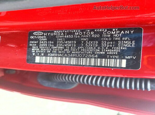 KM8HACA34RU072864 2024 HYUNDAI KONA Red Widok naklejki z numerem VIN