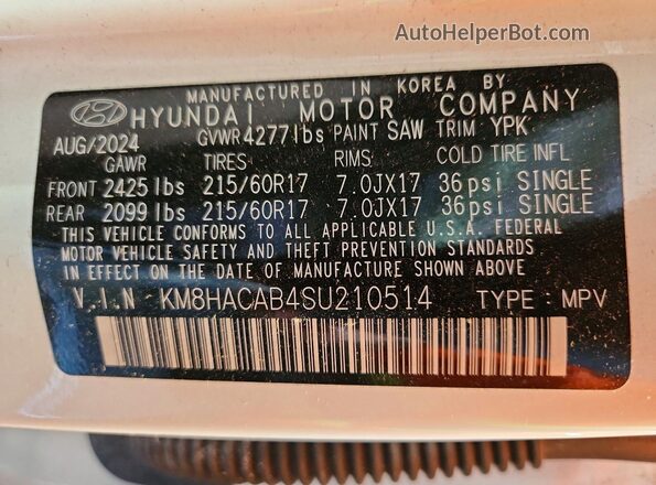 KM8HACAB4SU210514 2025 HYUNDAI KONA Белый Вид наклейки с VIN-кодом