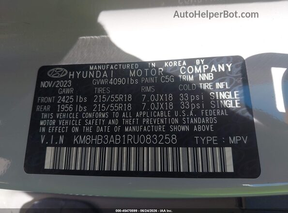 KM8HB3AB1RU083258 2024 HYUNDAI KONA Gray Vista del compartimento del motor