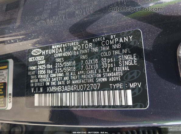 KM8HB3AB4RU072707 2024 HYUNDAI KONA Синий Вид подкапотного пространства