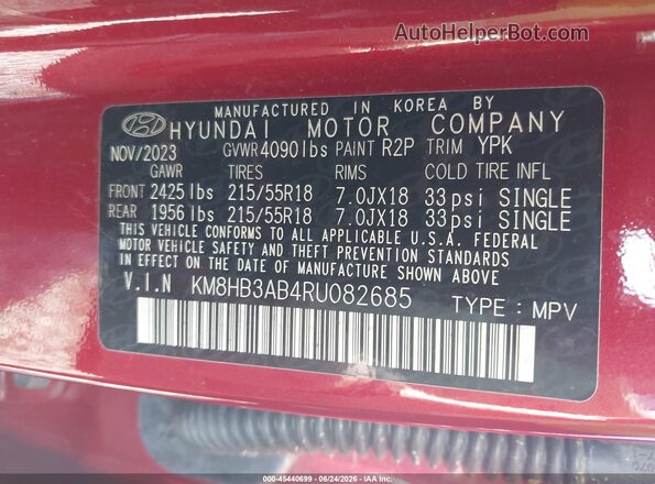 KM8HB3AB4RU082685 2024 HYUNDAI KONA Red Engine compartment view
