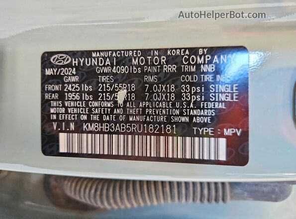 KM8HB3AB5RU182181 2024 HYUNDAI KONA Green VIN կոդի պիտակի տեսք