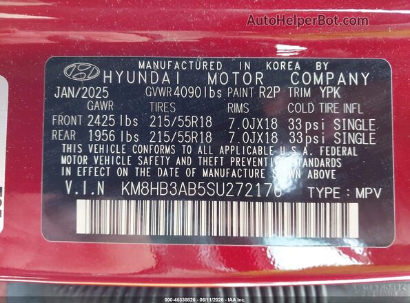 KM8HB3AB5SU272176 2025 HYUNDAI KONA Red Vista del compartimento del motor