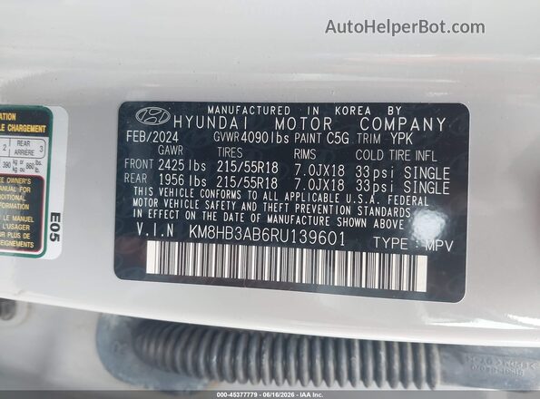 KM8HB3AB6RU139601 2024 HYUNDAI KONA Gray Вид підкапотного простору