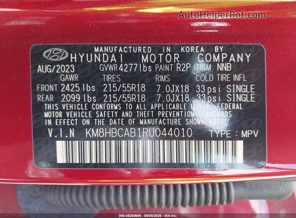 KM8HBCAB1RU044010 2024 HYUNDAI KONA Red Vista del compartimento del motor