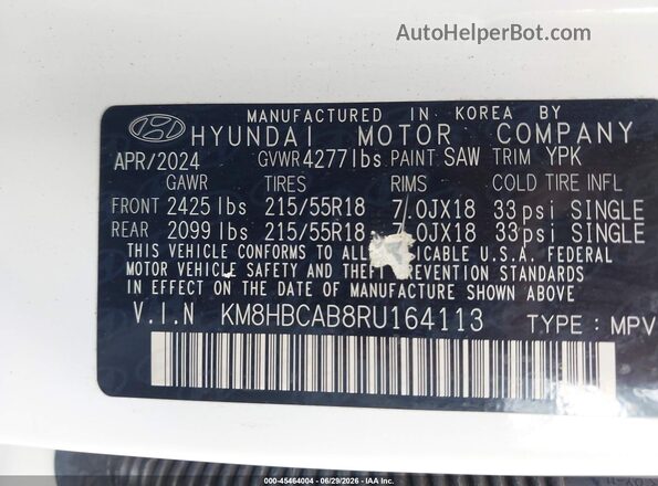 KM8HBCAB8RU164113 2024 HYUNDAI KONA White Vista del compartimento del motor