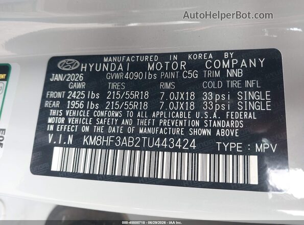 KM8HF3AB2TU443424 2026 HYUNDAI KONA Gray Vista del compartimento del motor