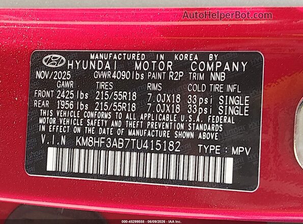 KM8HF3AB7TU415182 2026 HYUNDAI KONA Red Widok komory silnika