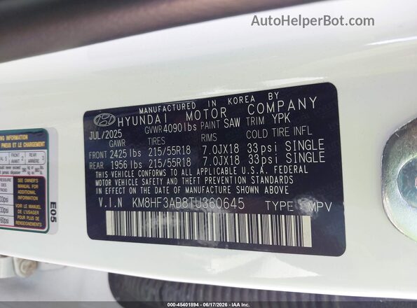 KM8HF3AB8TU360645 2026 HYUNDAI KONA White Вид підкапотного простору