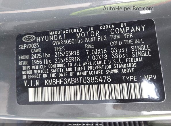 KM8HF3AB8TU385478 2026 HYUNDAI KONA Gray Engine compartment view