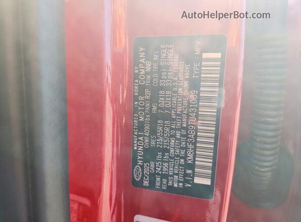 KM8HF3AB9TU431089 2026 HYUNDAI KONA Red Widok wnętrza 360 stopni