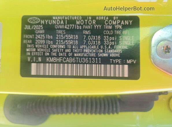 KM8HFCAB6TU361311 2026 HYUNDAI KONA Зеленый Вид наклейки с VIN-кодом