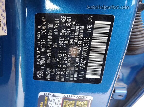 KM8J23A40KU079016 2019 HYUNDAI TUCSON Blue Շարժիչի բաժամունքի տեսք