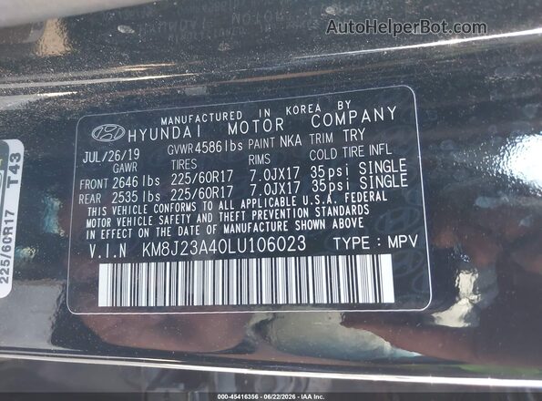 KM8J23A40LU106023 2020 HYUNDAI TUCSON Черный Вид подкапотного пространства