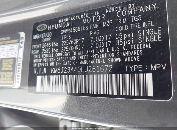 KM8J23A40LU261672 2020 HYUNDAI TUCSON Gray ძრავის განყოფილების ხედი