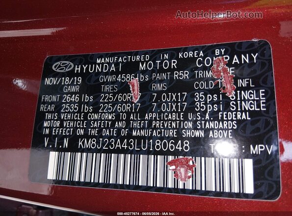 KM8J23A43LU180648 2020 HYUNDAI TUCSON Red 