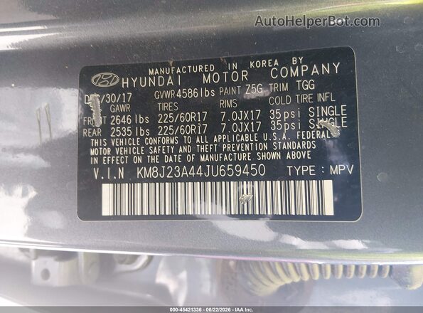 KM8J23A44JU659450 2018 HYUNDAI TUCSON Gray Вид підкапотного простору