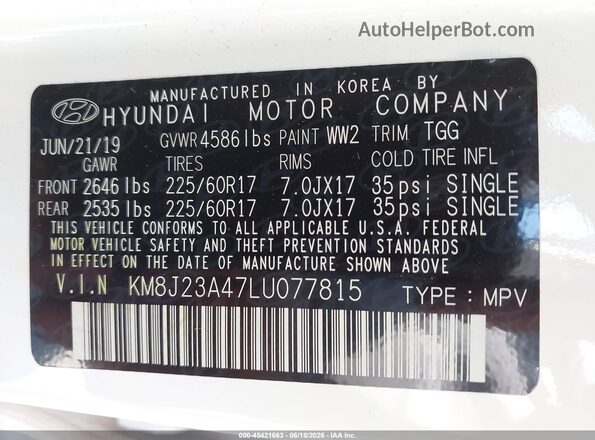 KM8J23A47LU077815 2020 HYUNDAI TUCSON White ძრავის განყოფილების ხედი
