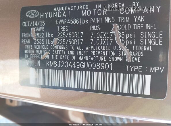 KM8J23A49GU098901 2016 HYUNDAI TUCSON Brown Շարժիչի բաժամունքի տեսք