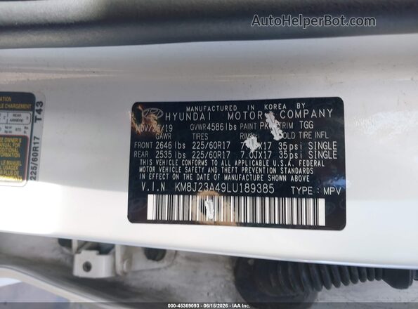 KM8J23A49LU189385 2020 HYUNDAI TUCSON White Engine compartment view
